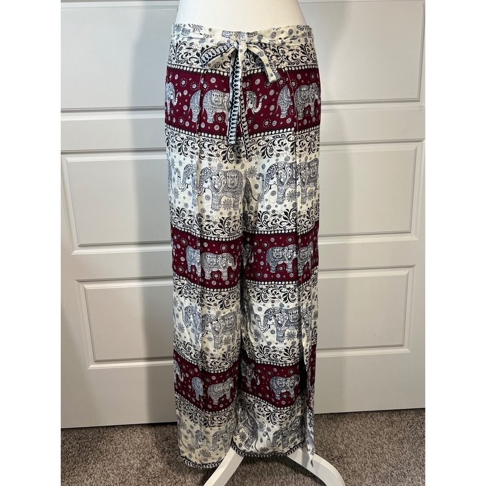 Elephant Print Pants‎ Bohemian Flowy Festival Lounge Tie Waist Maroon One Size
